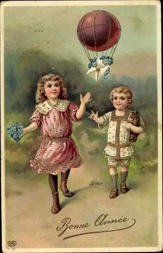 Präge Litho Glückwunsch Neujahr, Kinder mit Vergissmeinicht, Blumenbrief am Heißluftballon