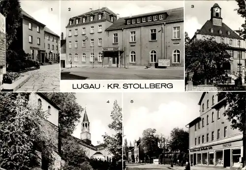 Ak Lugau Kreis Stollberg im Erzgebirge, VdN Denkmal, Bücherei, Sparkasse, Klubhaus Karl Liebknecht