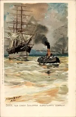 Künstler Litho Diemer, Zeno, Bark von einem Schlepper elbaufwärts gebracht, Segelschiff, Zieher
