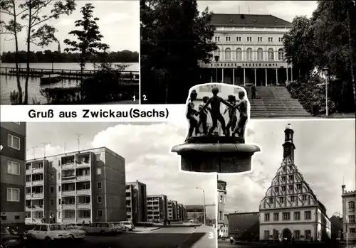 Ak Zwickau in Sachsen, Schwanenteich, Klubhaus Grubenlampe, Neubaugebiet Planitz, Gewandhaus