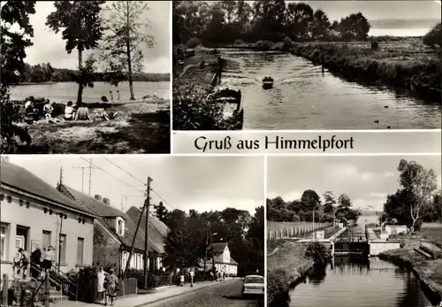 Ak Himmelpfort Fürstenberg an der Havel, Schleuse, Motorboot, Straßenpartie, Strandbad