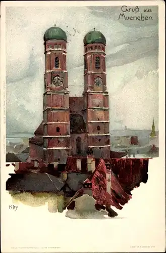 Künstler Litho Kley, Heinrich, München Bayern, Blick auf die Frauenkirche