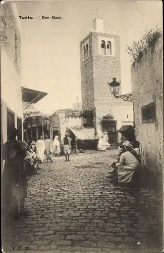 Ak Tunis Tunesien, Rue Maar, Straßenpartie, Tunesier, Turm