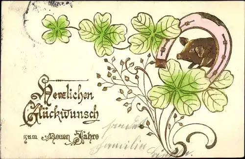 Präge Litho Glückwunsch Neujahr, Kleeblätter, Schwein unter einem Hufeisen