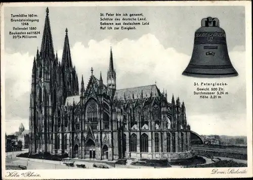 Ak Köln am Rhein, St. Peterglocke, Dom von der Südseite