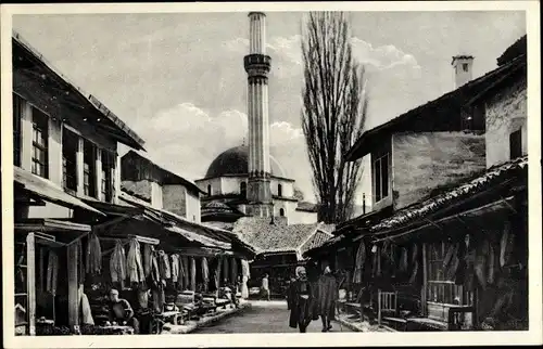 Ak Sarajevo Bosnien Herzegowina, Straßenszene in der Carsije, Moschee, Minarett, Geschäfte