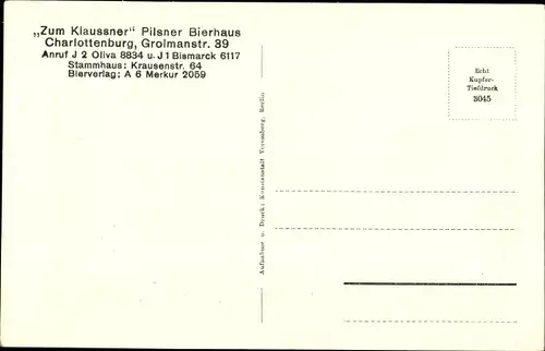 Ak Berlin Charlottenburg, Teilansicht des Gasthauses Zum Klaussner, Grolmanstraße 39