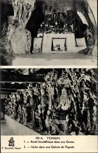 Ak Hanoi Tonkin Vietnam, Autel bouddhique dans une Grotte, idoles dans une galerie