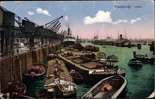 Ak Hamburg, Hafen, Binnenschiffe, Schiffskräne, Dampfer