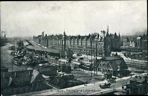 Ak Hamburg, Quai, Freihafen, Lagerhäuser