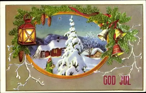 Ak Frohe Weihnachten, God Jul, Winterszene, Glocken, Laterne