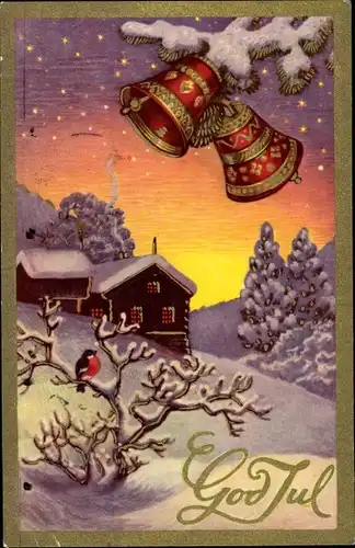Ak Frohe Weihnachten, God Jul, Winterszene, Glocken
