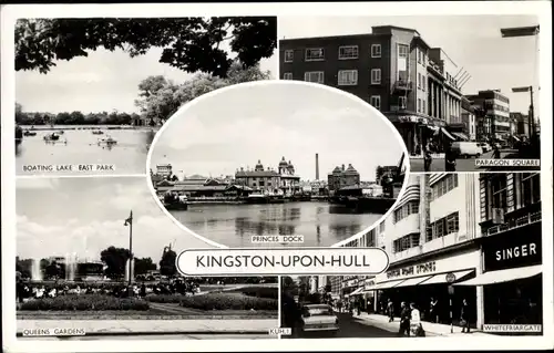 Ak Kingston upon Hull Yorkshire, Boating Lake East Park, Queens Gardens, Paragon Square