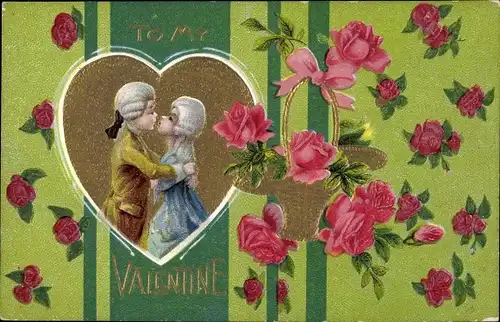 Litho Valentinstag, To my Valentine, küssendes Liebespaar, Rosen