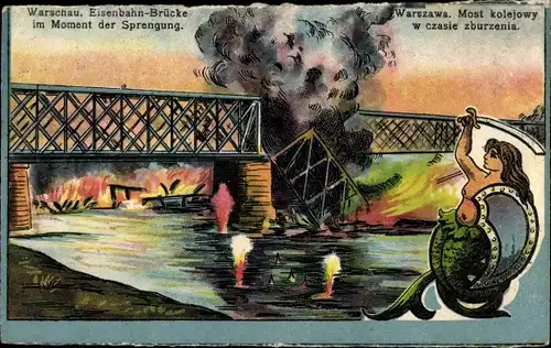 Künstler Ak Warszawa Warschau Polen, Eisenbahn Brücke im Moment der Sprengung