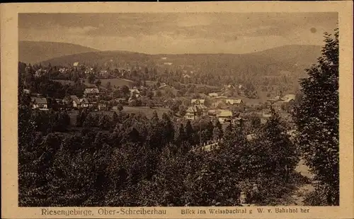 Ak Szklarska Poręba Schreiberhau Riesengebirge Schlesien, Blick ins Weissbachtal vom Bahnhof