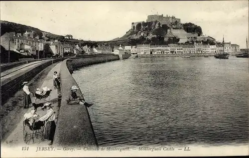 Ak Gorey Saint Martin Jersey Kanalinseln, Chateau de Montorgueil, Kinderwägen, Angler