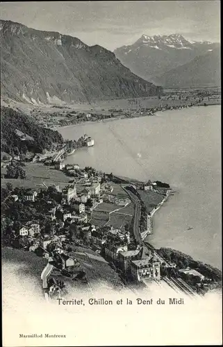 Ak Territet Montreux Kt. Waadt, Vue générale avev Chillon et la Dent du Midi