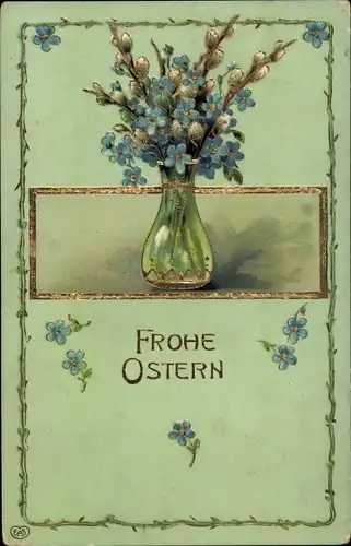 Präge Litho Glückwunsch Ostern, Weidenkätzchen und Vergissmeinnicht in Blumenvase