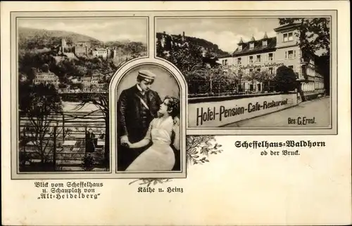 Ak Heidelberg am Neckar, Scheffelhaus Waldhorn, Blick vom Scheffelhaus, Käthe und Heinz