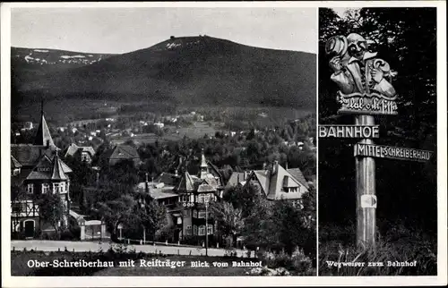 Ak Szklarska Poręba Schreiberhau Riesengebirge Schlesien, Panorama mit Reifträger, Wegweiser