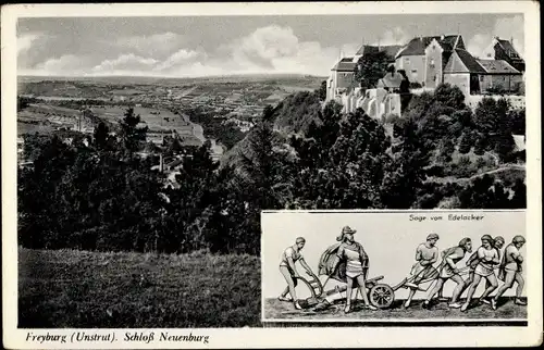 Ak Freyburg an der Unstrut, Schloss Neuenburg, Panorama vom Ort, Sage vom Edelacker, Pflug