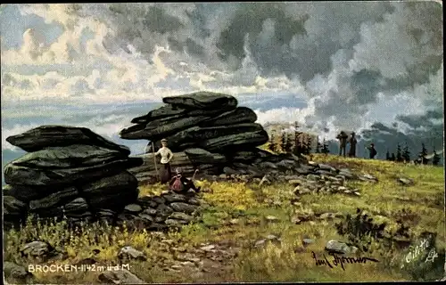 Künstler Ak Thomas, Paul, Brocken Nationalpark Harz, Partie am Gipfel, Wanderer, Felsen
