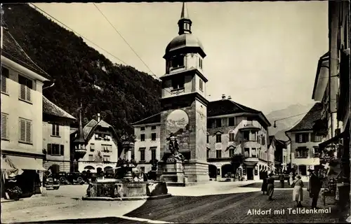 Ak Altdorf Kt. Uri Schweiz, Telldenkmal, Marktplatz, Turm