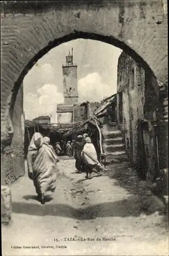 Ak Taza Marokko, La Rue du Marche, Straßenpartie, Minarett