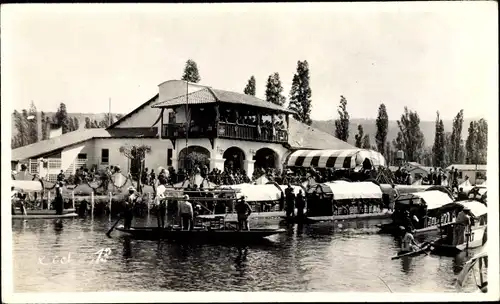 Ak Xochimilco Mexiko, Bootsfahrt, Wasserpartie