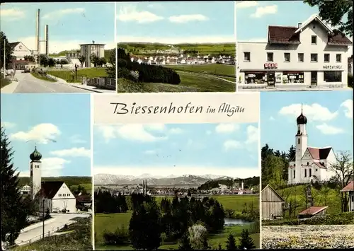 Ak Biessenhofen im Allgäu, Teilansicht, Kirche, Geschäft