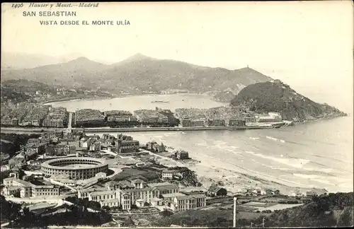 Ak San Sebastian Baskenland, vista desde el monte Ulía, costa, plaza de toros