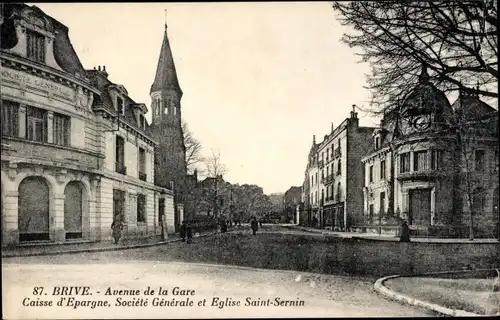 Ak Brive la Gaillarde Corrèze, Avenue de la Gare, Caisse d'Epargne, Société Générale