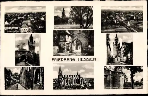 Ak Friedberg Hessen, Blick vom Adolfsturm, Mittleres Burgtor, Stadtkirche, Partie im Schlossgarten
