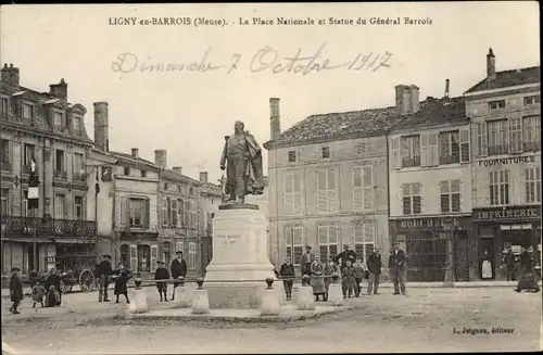 Ak Ligny en Barrois Meuse, La Place Nationale et Statue du General Barrois, Boucherie, Imprimerie