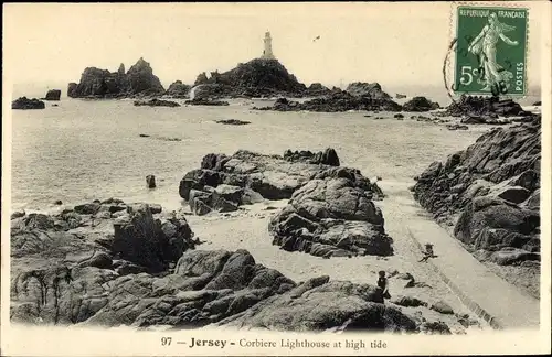 Ak Jersey Kanalinseln, Corbiere Lighthouse at high tide