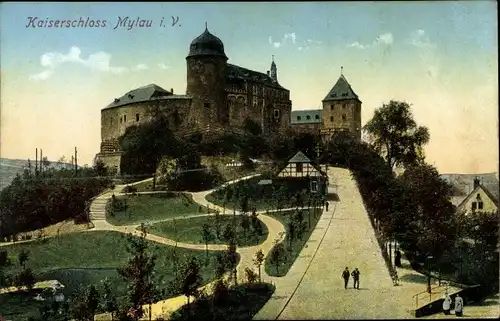 Ak Mylau Reichenbach im Vogtland, Kaiserschloss, Gesamtansicht, Parkanlage, Wege