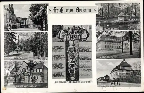 Ak Beckum im Kreis Warendorf, Stadtgarten, Kreishaus, Gymnasium, Liebfrauenkirche, Marienplatz