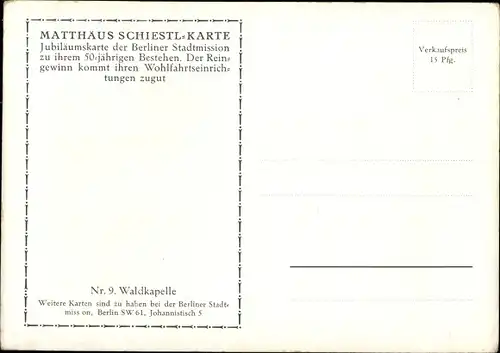 Künstler Ak Schiestl, Matthäus, Waldkapelle, Jubiläumskarte der Berliner Stadtmission