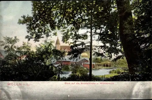 Ak Mölln im Herzogtum Lauenburg, Blick auf die Nicolaikirche und Mühlenteich