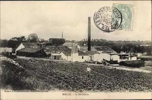 Ak Melle Deux Sèvres, La Distillerie, paysan, champ, voiture