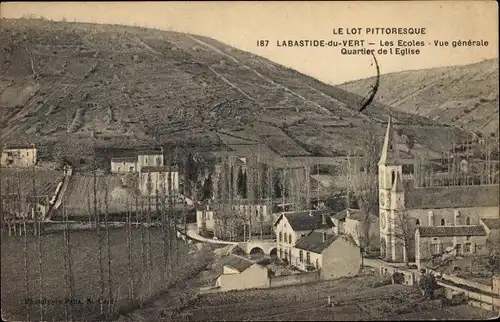 Ak Labastide du Vert Lot, vue partielle du village, Église, collines