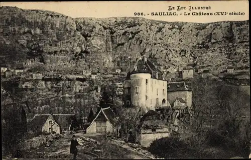 Ak Sauliac Lot, Château, vue extérieure, colline, falaise