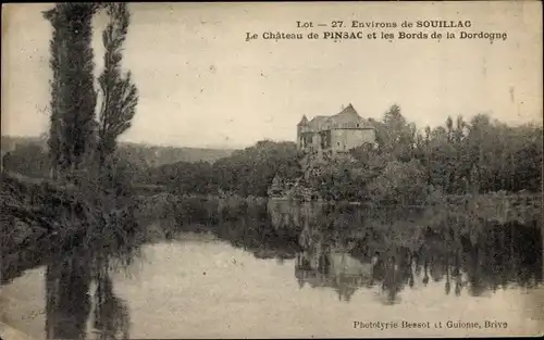 Ak Souillac Lot, Château de Pinsac, vue extérieure, bords de la Dordogne