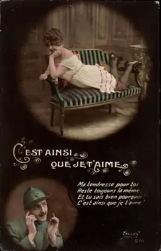 Ak C'est ainsi que je t'aime, Frau auf einem Sofa, Soldat