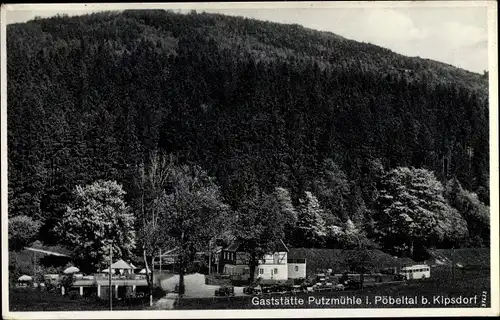 Ak Pöbeltal Dippoldiswalde im Osterzgebirge, Gaststätte Putzmühle, Außenansicht mit Wald, Bus