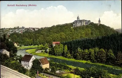Ak Rochsburg Lunzenau in Sachsen, Schloss Rochsburg, Totalansicht mit Flusstal