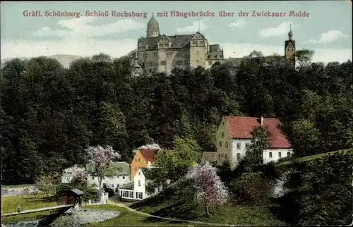 Ak Rochsburg Lunzenau Sachsen, Gräfliches Schloss Rochsburg mit Hängebrücke über der Zwickauer Mulde