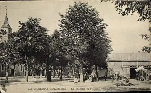 Ak La Garenne Colombes Hauts de Seine, Le Marche et l'Eglise