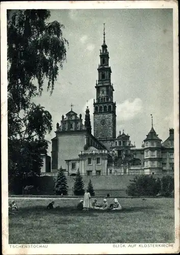 Ak Częstochowa Tschenstochau Schlesien, Blick auf die Klosterkirche, Garten